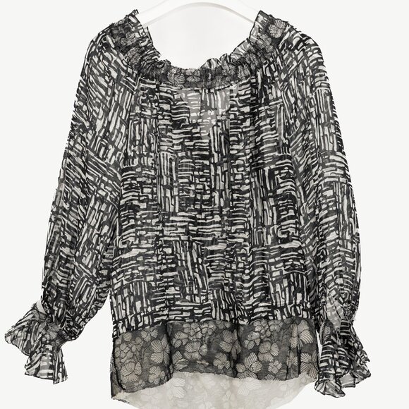 Oscar de la Renta AW/10 Black & White Abstract Silk Lace-Trim Tie-Neck Blouse - Picture 2 of 10